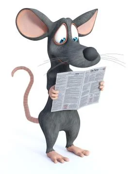 3D rendering of a smiling cartoon mouse reading a newspaper. Stock Illustration