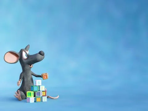 3D rendering of a smiling cartoon mouse playing with toy blocks. Stock Illustration