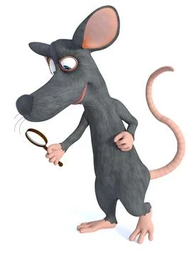 3D rendering of a smiling cartoon mouse holding magnifying glass. Stock Illustration