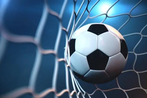 3d rendering soccer ball in goal. Soccer ball in net with spotlight or stadium Stock Illustration