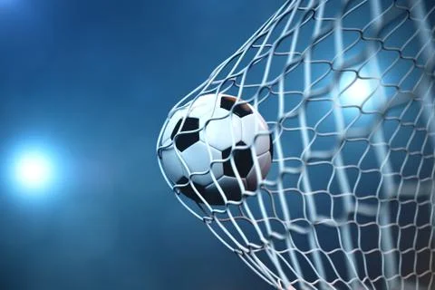 3d rendering soccer ball in goal. Soccer ball in net with spotlight or stadium Illustrazione stock