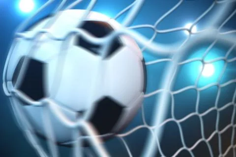 3d rendering soccer ball in goal in motion. Soccer ball in net in motion with Illustrazione stock