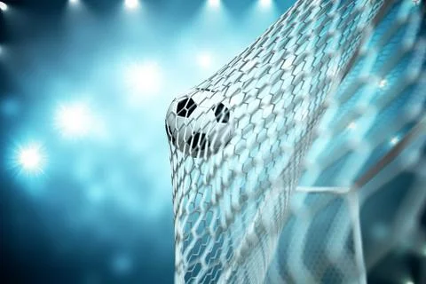 3d rendering soccer ball in goal. Soccer ball in net with spotlight and stadium Illustrazione stock