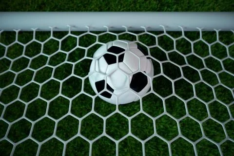 3d rendering soccer ball in goal. Soccer ball in net with spotlight and stadium Illustrazione stock