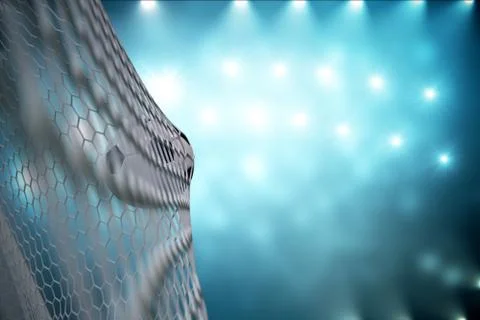 3d rendering soccer ball in goal. Soccer ball in net with spotlight and stadium Illustrazione stock