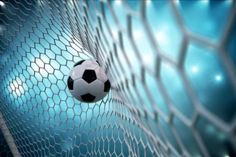 3d rendering soccer ball in goal. Soccer ball in net with spotlight and stadium Stock Illustration