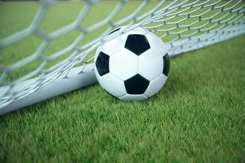 3d rendering soccer ball in goal. Soccer ball in net with spotlight and stadium Illustrazione stock