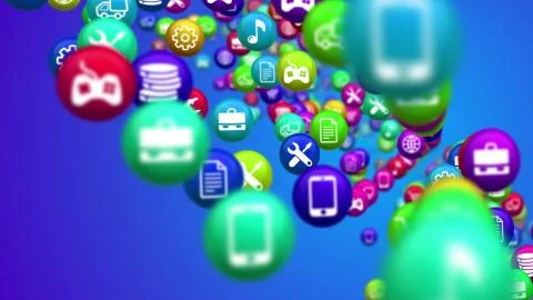 3d rendering of social media services in billiards balls spinning all around. Stock-Illustration