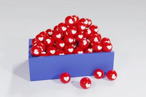 3D Rendering Social Network Love Icons balls in box Isolated on White Backgro Illustrazione stock