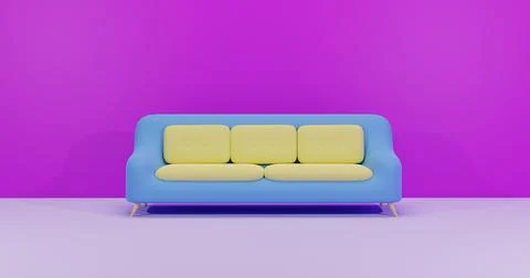 3D Rendering Sofa Blue Yellow Combination with Purple Background イラスト素材