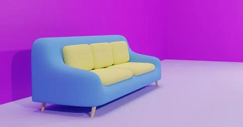 3D Rendering Sofa Blue Yellow Combination with Purple Background イラスト素材