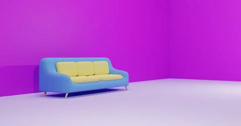 3D Rendering Sofa Blue Yellow Combination with Purple Background イラスト素材