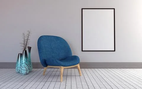 3D rendering of a soft comfortable chair near vases in a room with gray walls Stock Illustration