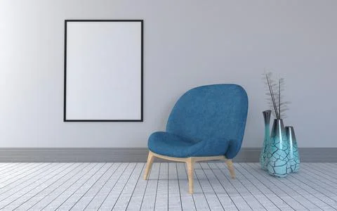 3D rendering of a soft comfortable chair near vases in a room with gray walls Stock Illustration