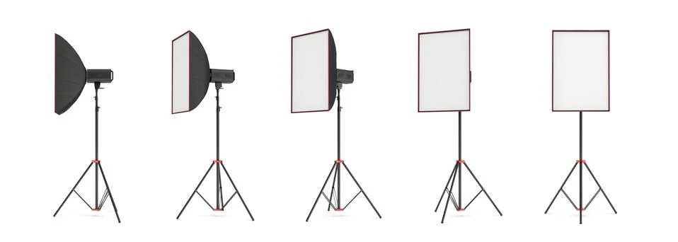 3d rendering of a softbox lighting set on a stand in different angles. Stock-Illustration