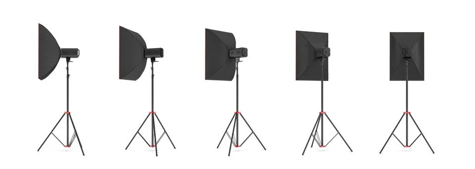 3d rendering of a softbox lighting set on a stand in different angles. Ilustración de archivo
