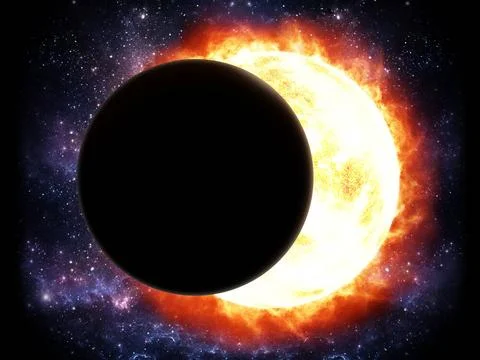 3D rendering of the solar eclipse showing the moon moving over the sun. 3D... Fotos Stock