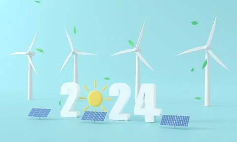 3d rendering Solar panel and wind turbine on the green earth.Clean energy Illustrazione stock