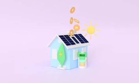 3d rendering Solar panel house , plant and battery money saving electricity Illustrazione stock