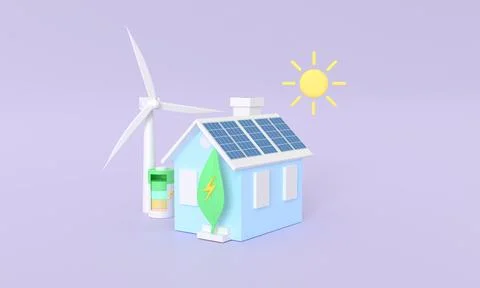 3d rendering Solar panel house electricity concept minimal home . wind turbine Illustrazione stock