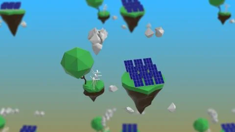 3d rendering of solar panels with clouds on green ground on islands. Ilustración de archivo