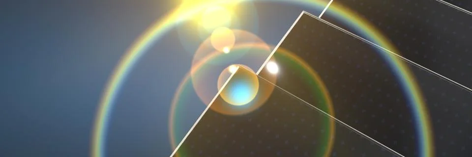 3D rendering of solar panels with sunlight and blue sky background Stock Illustration