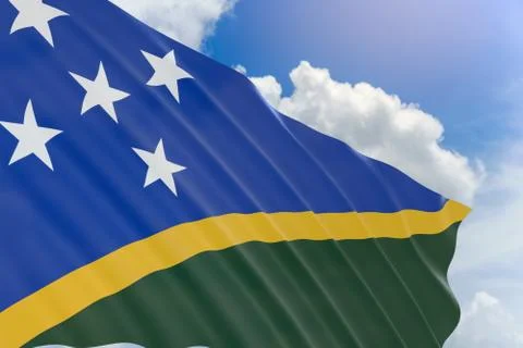 3D rendering of Solomon Islands flag waving on blue sky Stock Illustration