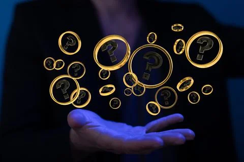 3D rendering solving problem with digital question marks in a human hand Stock Photos