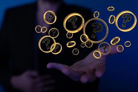 A 3d rendering of solving problems with digital question marks with blue back Stock Photos