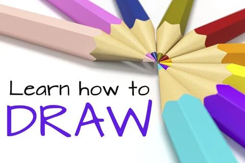 3d rendering of some color pencils with text learn how to draw Stock Illustration