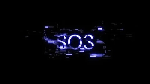 3D rendering SOS text with screen effects of technological glitches Stock Photos