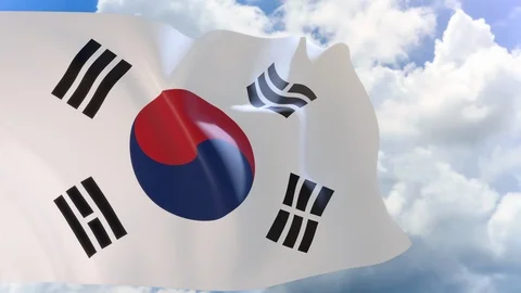 3D rendering of South Korea flag waving on blue sky background with Alpha Stock Footage 94110877