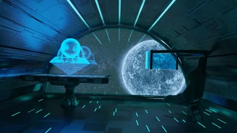 3D rendering of space, spaceship inside, view from window of blue planet, pilot Video stock 240416244