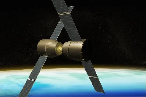 3D rendering of a space station modules assembly in space Stock Illustration