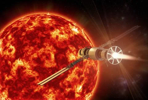 3D rendering of a spacecraft approaching the sun Stock Illustration