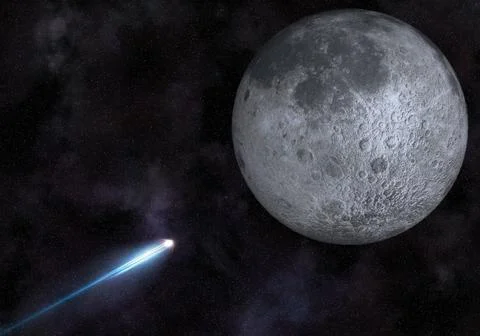 3D rendering of a spaceship flying to the moon in starry space - travel conce Ilustração Stock