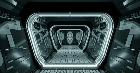 3d rendering. Spaceship or laboratory corridor in bright light. High tech. Fu Stock Illustration