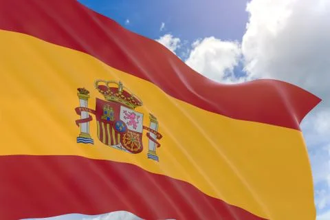 3D rendering of Spain flag waving on blue sky background Foto stock