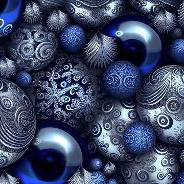 3D rendering of sparkling blue and silver Christmas baubles, can be used for wal Stock Photos