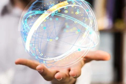 A 3D rendering of a sphere hologram made of intersecting lines and connected  Stock Photos