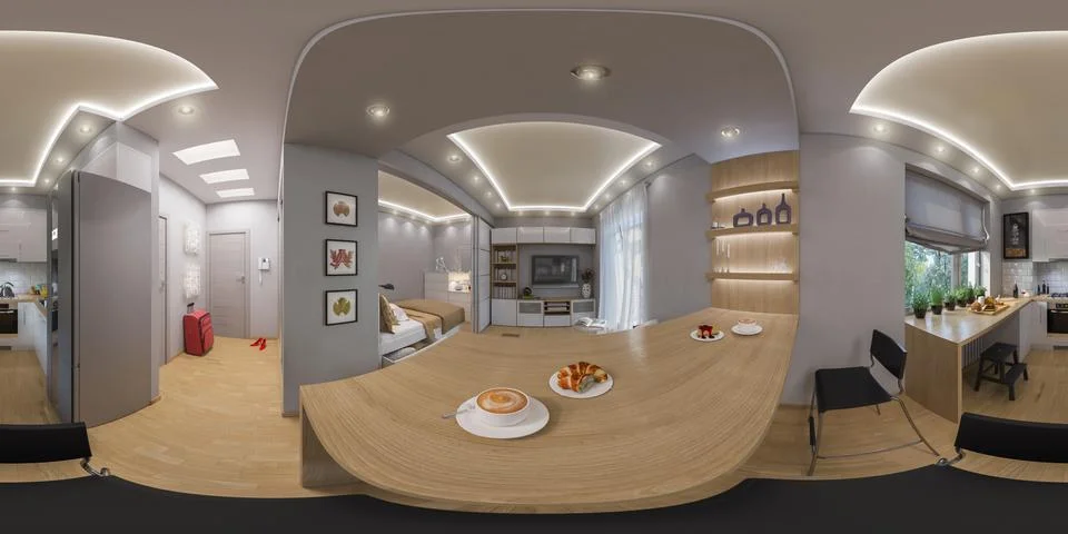 3d rendering spherical 360 degrees, seamless panorama of  living room interio Stock-Illustration