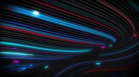 3D rendering of spiral bright vortex streams of light on a surface with lines 库存插图