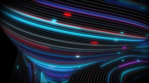 3D rendering of spiral bright vortex streams of light on a surface with lines Illustrazione stock