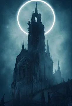 3D rendering of a spooky high castle tower with a full moon disk in the backgrou Ilustração Stock