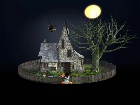 3D rendering of spooky house and flying witch. Illustrazione stock