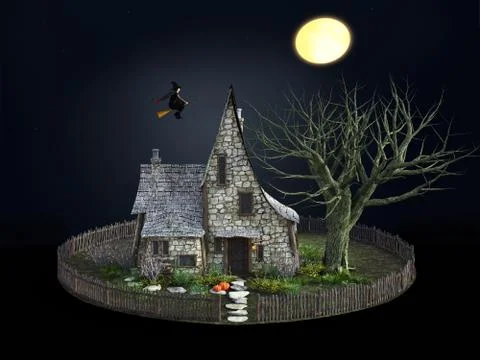 3D rendering of spooky house and flying witch. Stock-Illustration