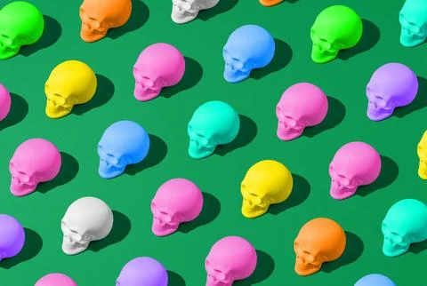 3D rendering of a spooky pattern of skulls isolated on a green background, the c 스톡 일러스트