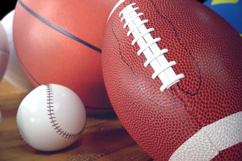 3d rendering sport balls on wooden backgorund. Set of sport balls. Sport Stock Illustration