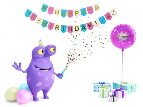 3D rendering of a spotted monster celebrating with party popper. Stock Illustration