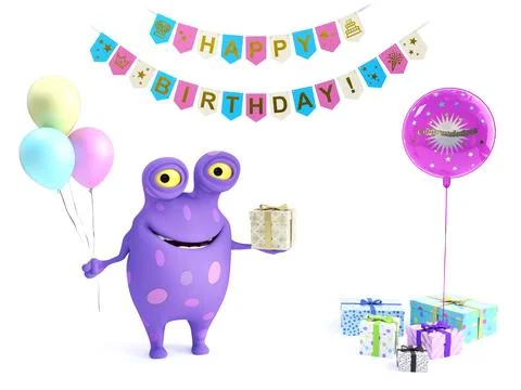 3D rendering of a spotted monster with party balloons and gifts. Stock Illustration
